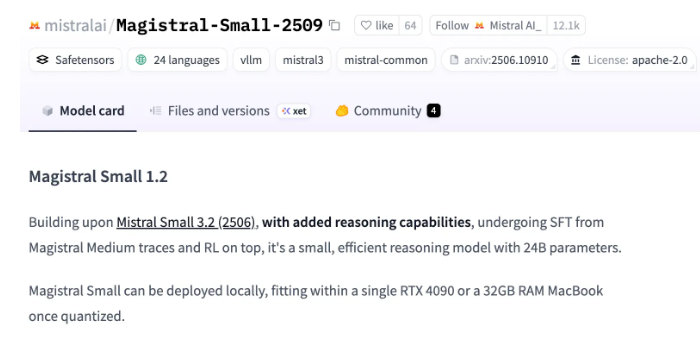 法國(guó)AI公司Mistral重磅推出開(kāi)源推理模型 Magistral Small 1.2